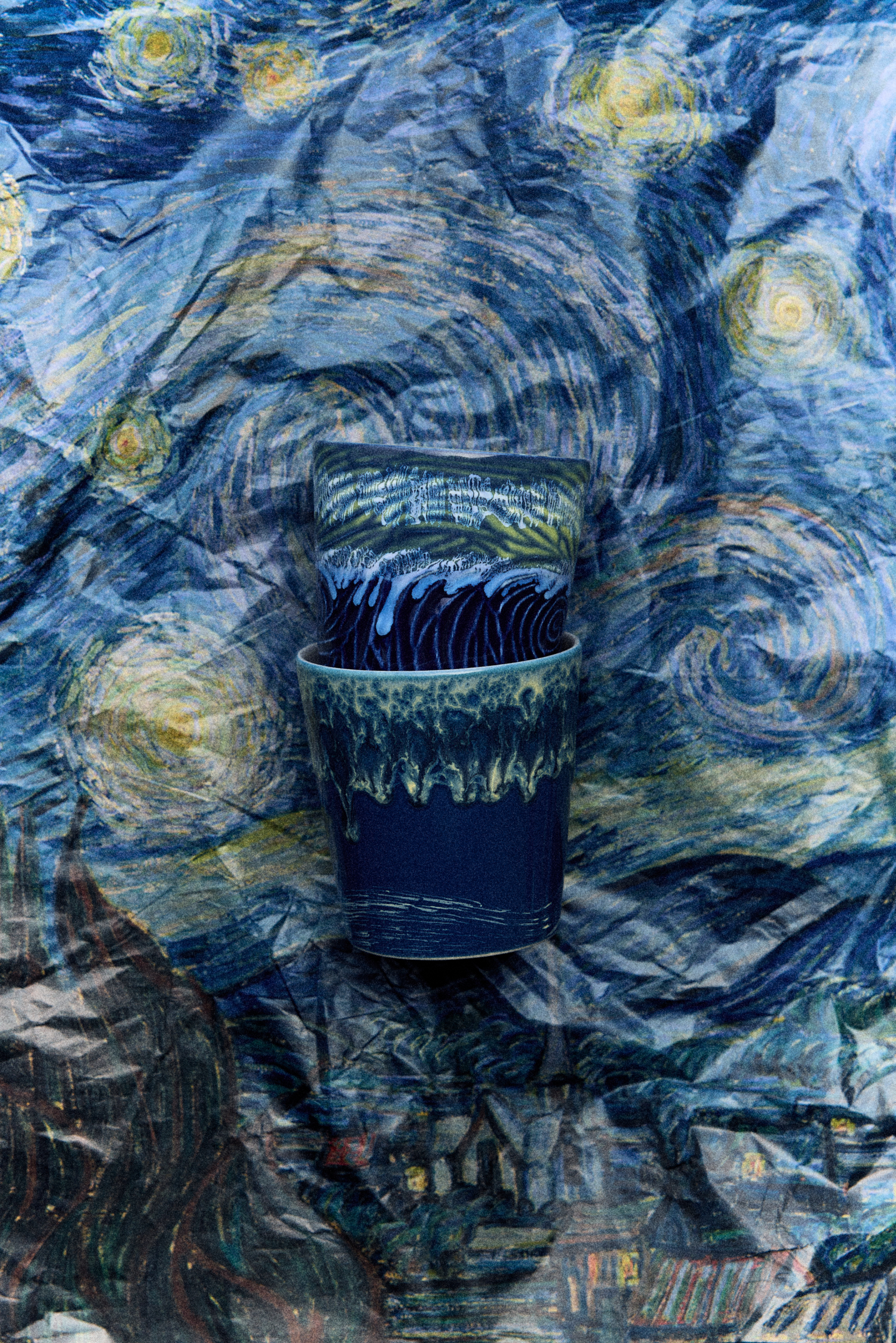70s ceramics: Van Gogh coffee mugs, starry night (set of 2) - Image 5